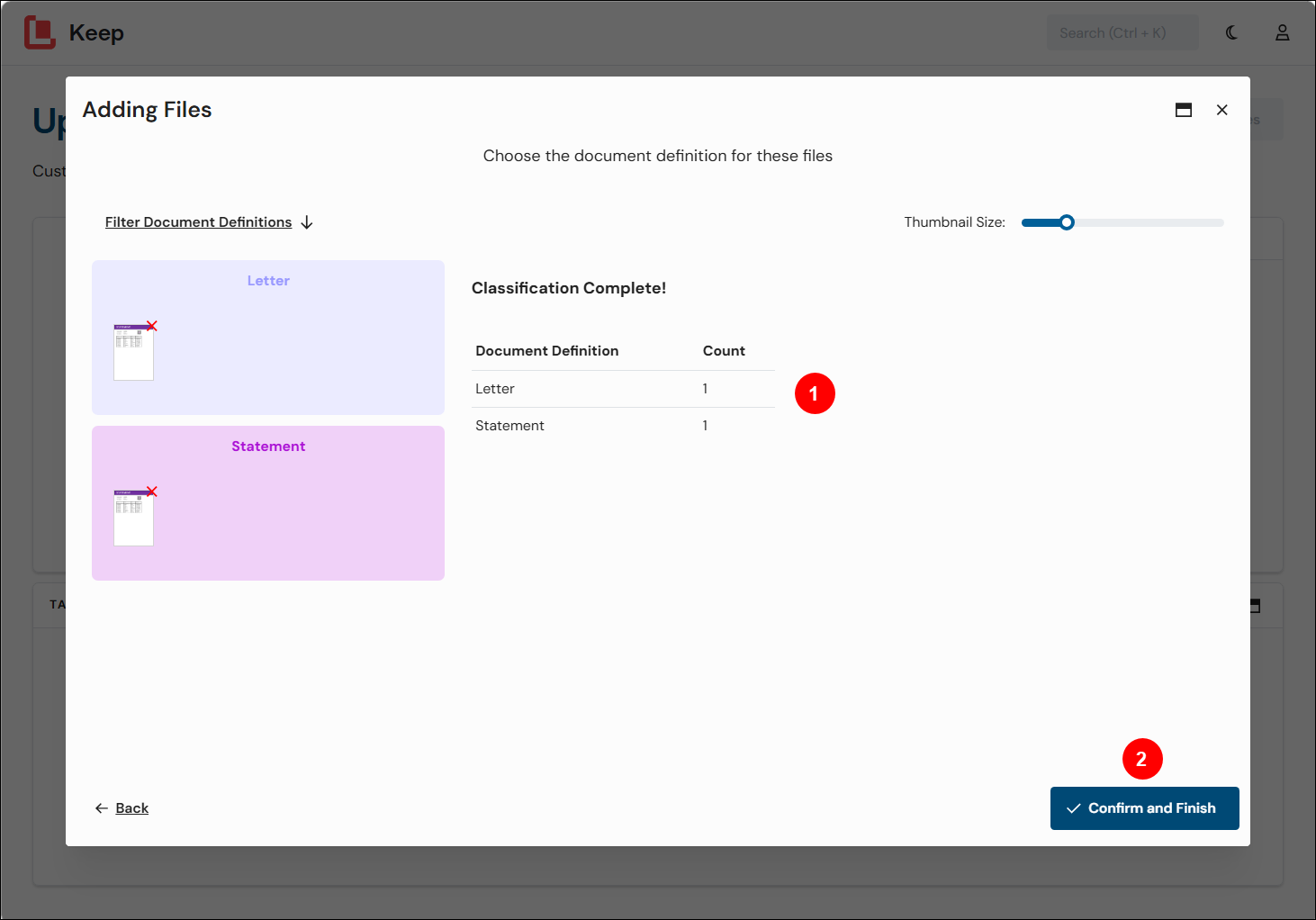 The adding files process that confirms file classification.